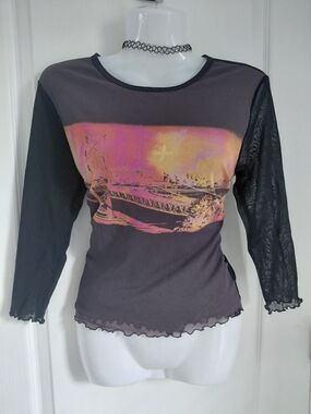 Sheer-Sleeve Black Long-Sleeve Tee with Pink-Orange Scenic Graphic Print